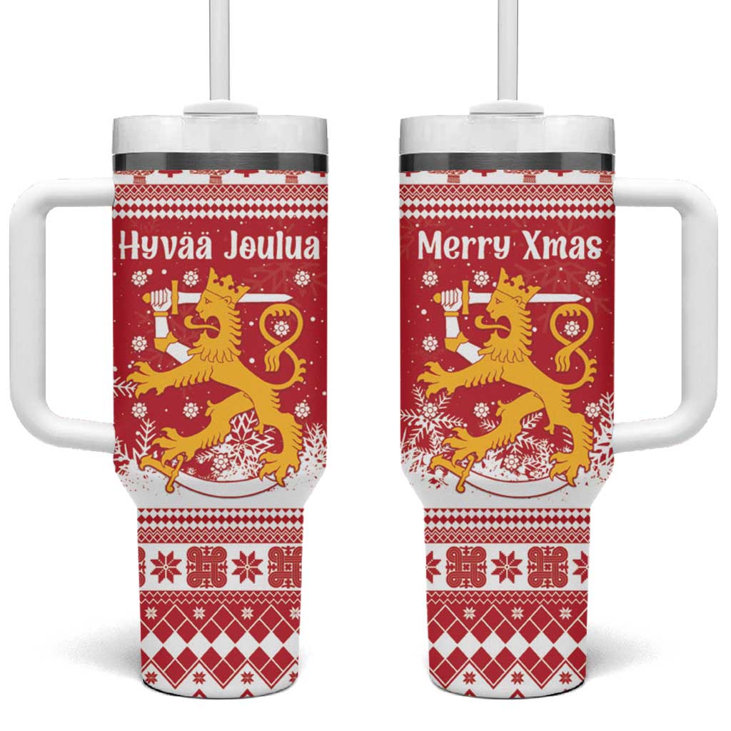 Finland Christmas Hannunvaakuna Tumbler With Handle Hyvaa Joulua Nordic Snow Lion Red Version - Wonder Print Shop
