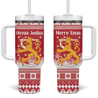 Finland Christmas Hannunvaakuna Tumbler With Handle Hyvaa Joulua Nordic Snow Lion Red Version - Wonder Print Shop
