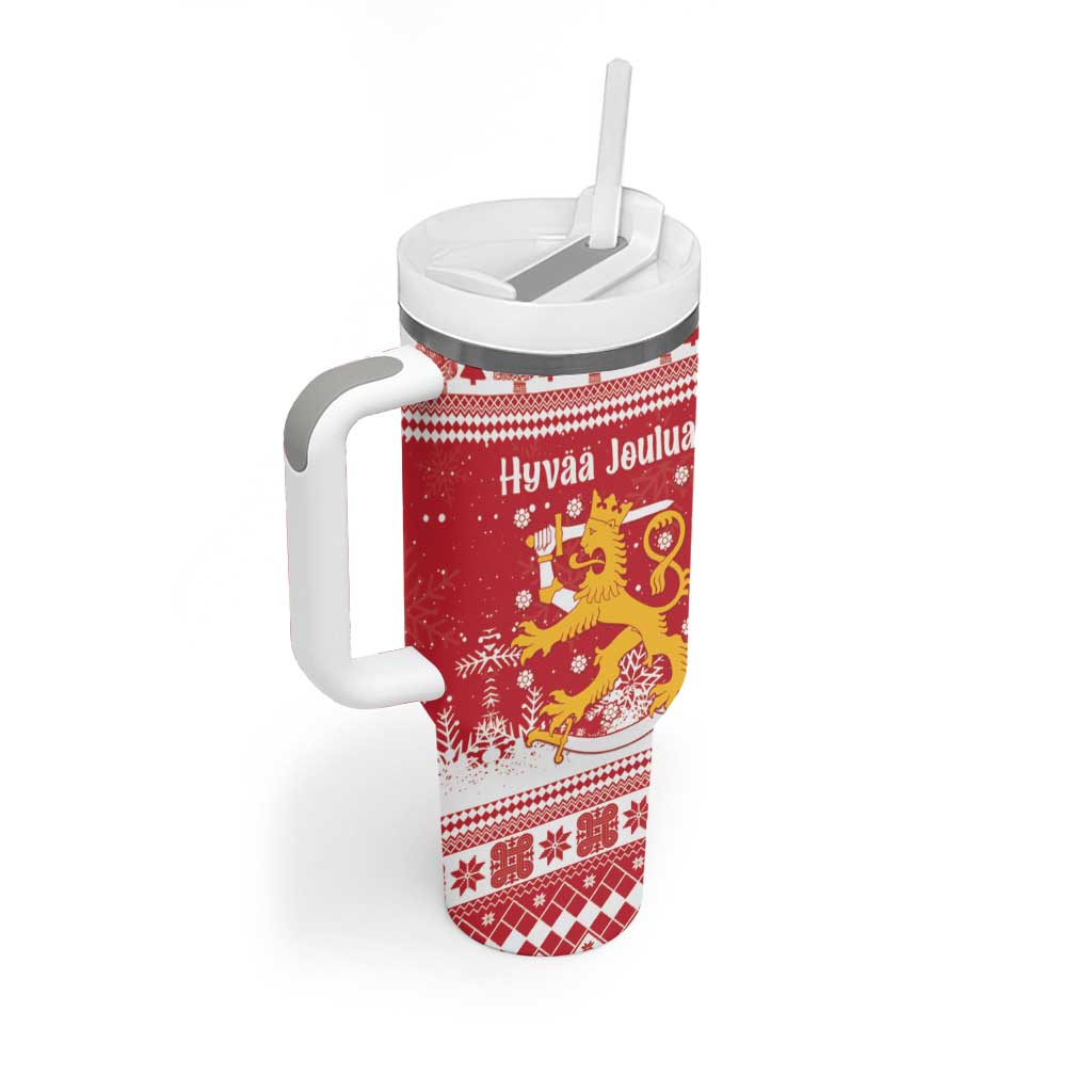 Finland Christmas Hannunvaakuna Tumbler With Handle Hyvaa Joulua Nordic Snow Lion Red Version - Wonder Print Shop