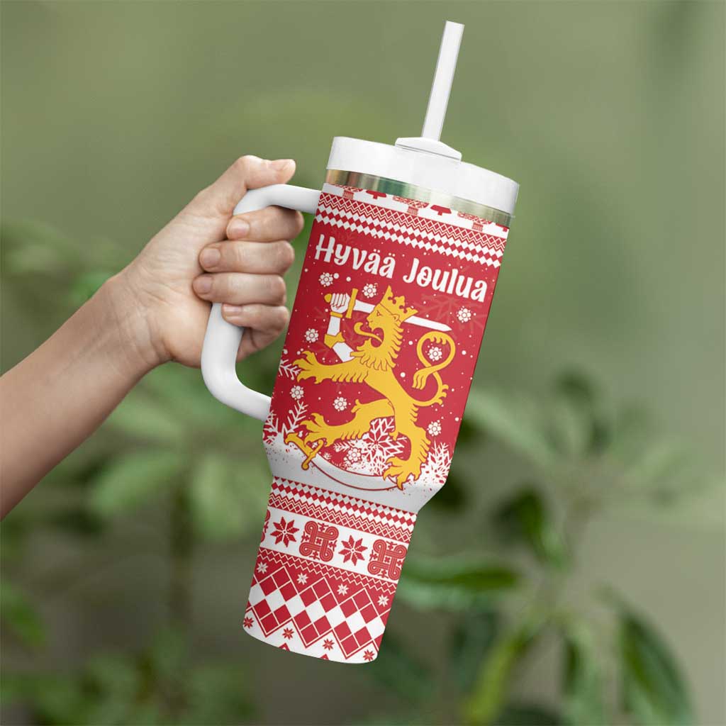 Finland Christmas Hannunvaakuna Tumbler With Handle Hyvaa Joulua Nordic Snow Lion Red Version - Wonder Print Shop
