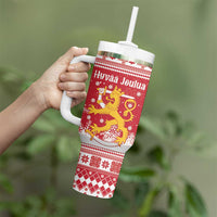 Finland Christmas Hannunvaakuna Tumbler With Handle Hyvaa Joulua Nordic Snow Lion Red Version - Wonder Print Shop