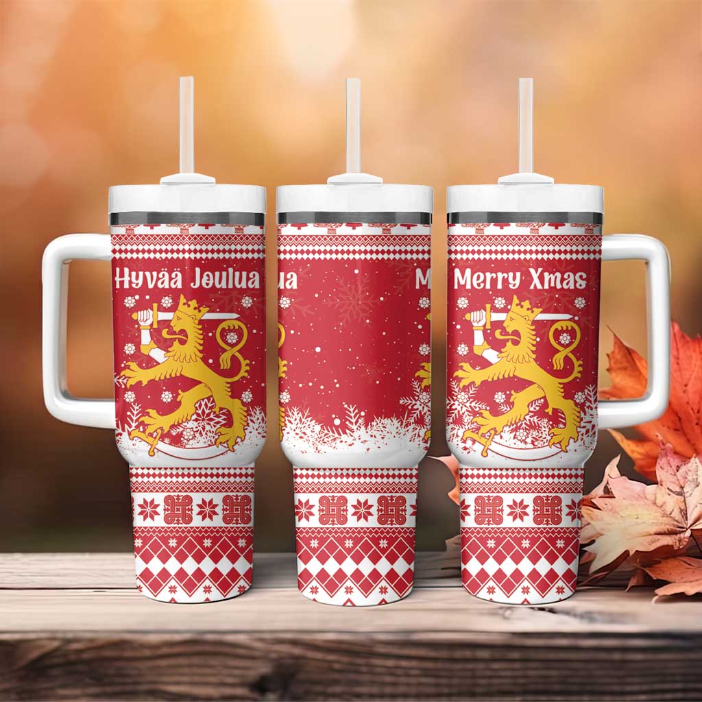 Finland Christmas Hannunvaakuna Tumbler With Handle Hyvaa Joulua Nordic Snow Lion Red Version - Wonder Print Shop
