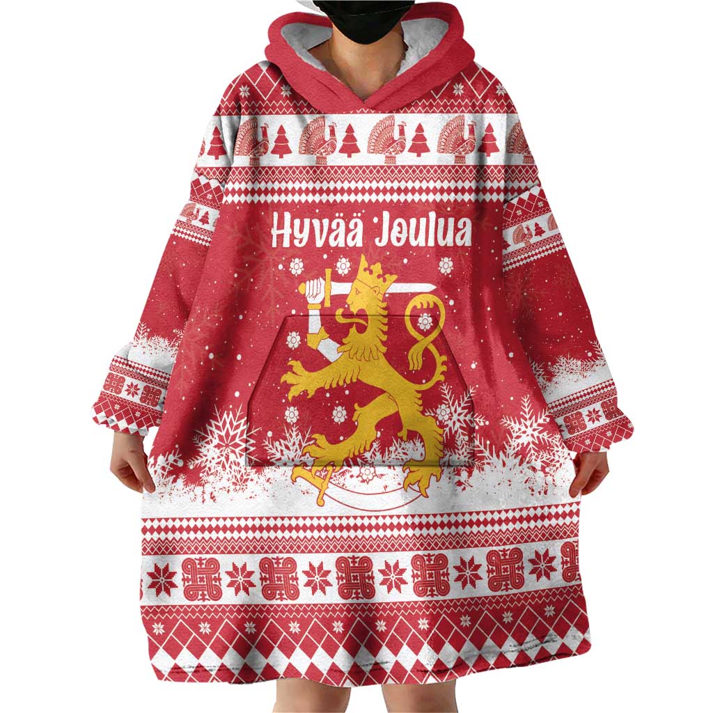 Finland Christmas Hannunvaakuna Wearable Blanket Hoodie Hyvaa Joulua Nordic Snow Lion Red Version - Wonder Print Shop