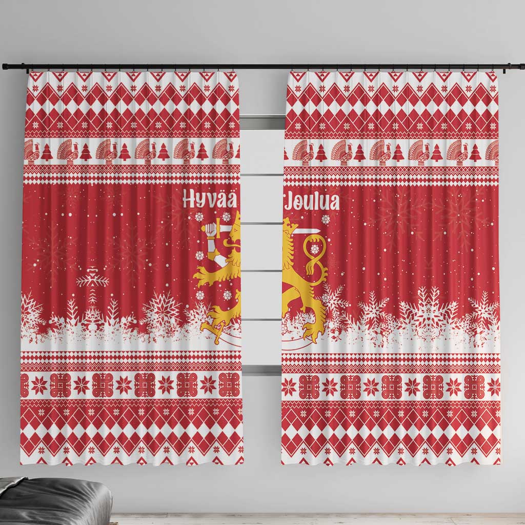 Finland Christmas Hannunvaakuna Window Curtain Hyvaa Joulua Nordic Snow Lion Red Version - Wonder Print Shop