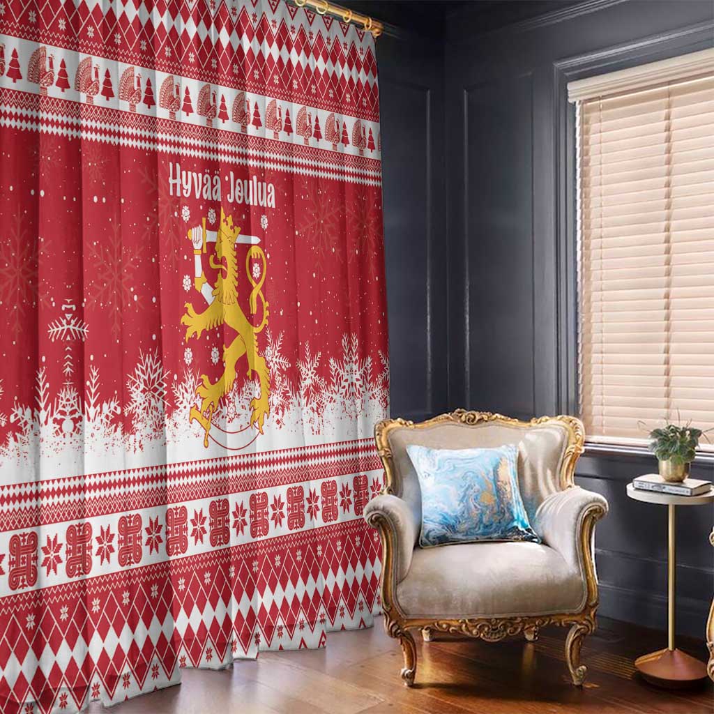Finland Christmas Hannunvaakuna Window Curtain Hyvaa Joulua Nordic Snow Lion Red Version - Wonder Print Shop