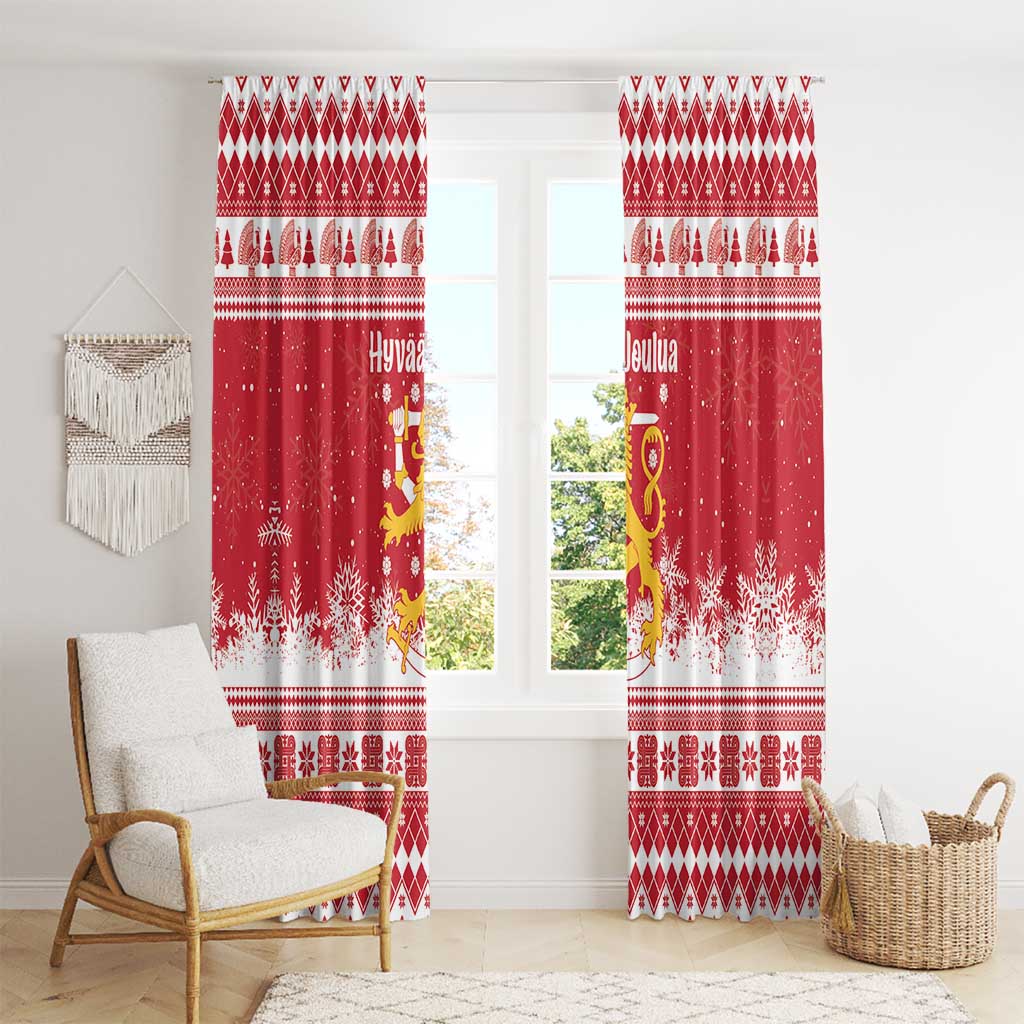 Finland Christmas Hannunvaakuna Window Curtain Hyvaa Joulua Nordic Snow Lion Red Version - Wonder Print Shop