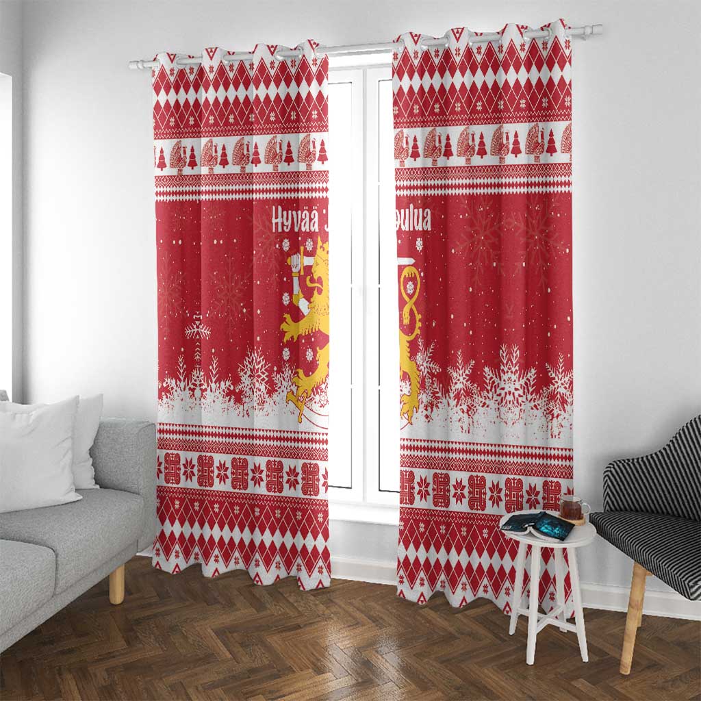 Finland Christmas Hannunvaakuna Window Curtain Hyvaa Joulua Nordic Snow Lion Red Version - Wonder Print Shop