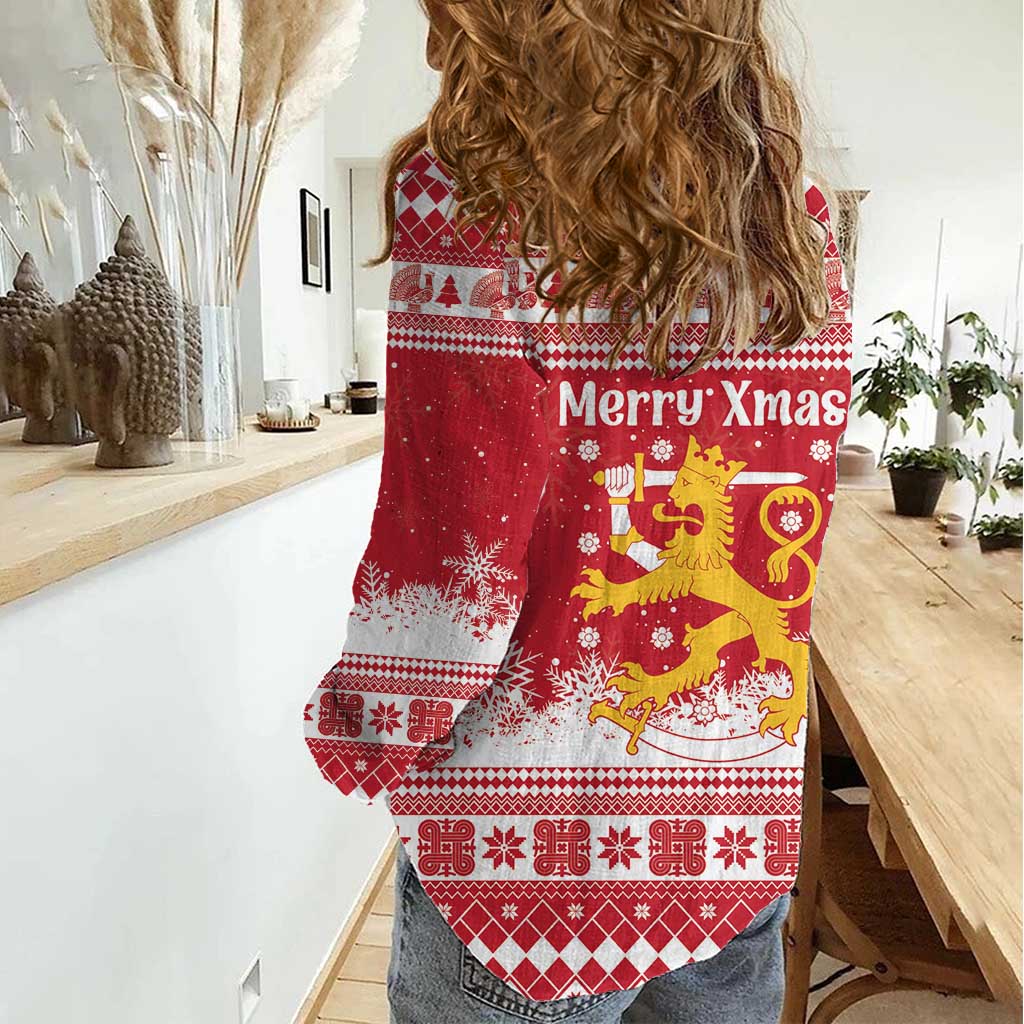 Finland Christmas Hannunvaakuna Women Casual Shirt Hyvaa Joulua Nordic Snow Lion Red Version - Wonder Print Shop