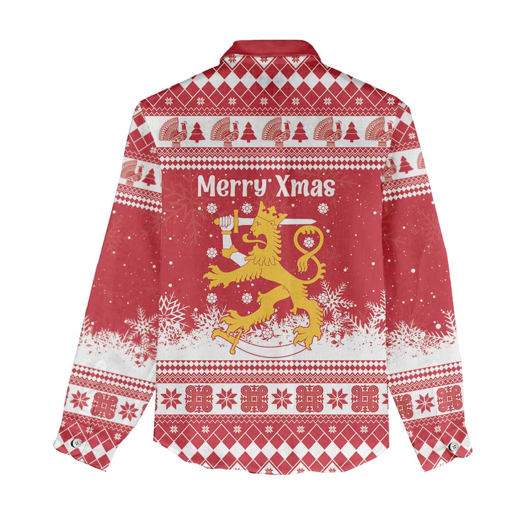 Finland Christmas Hannunvaakuna Women Casual Shirt Hyvaa Joulua Nordic Snow Lion Red Version - Wonder Print Shop