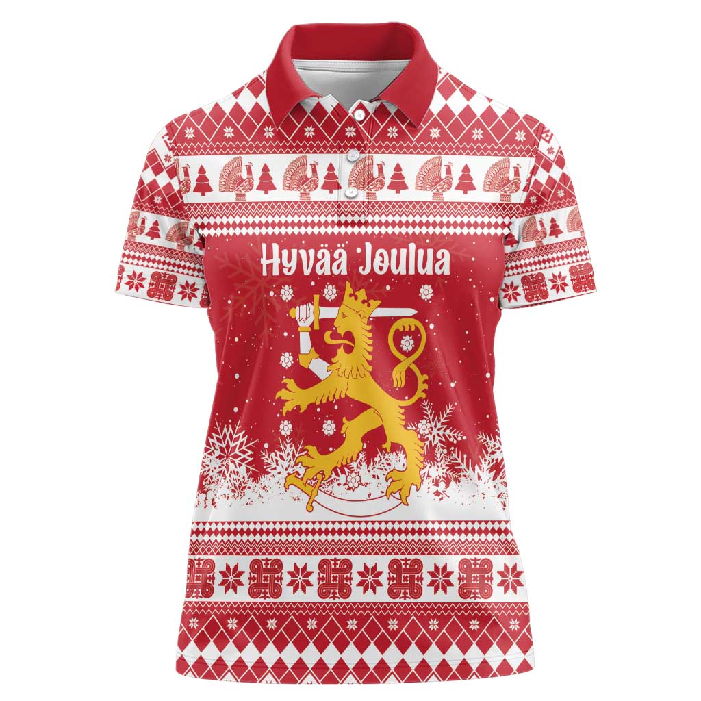 Finland Christmas Hannunvaakuna Women Polo Shirt Hyvaa Joulua Nordic Snow Lion Red Version - Wonder Print Shop