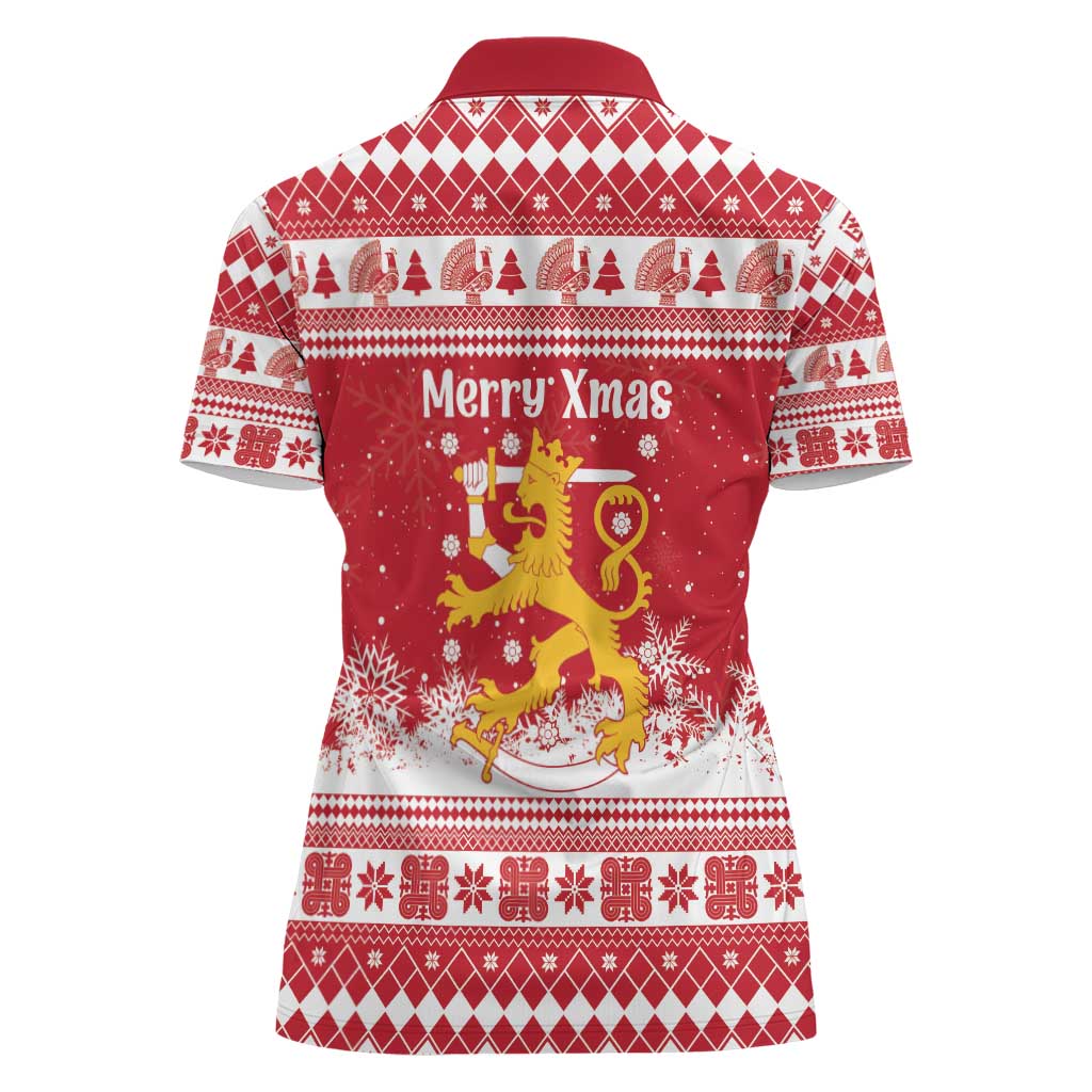 Finland Christmas Hannunvaakuna Women Polo Shirt Hyvaa Joulua Nordic Snow Lion Red Version - Wonder Print Shop