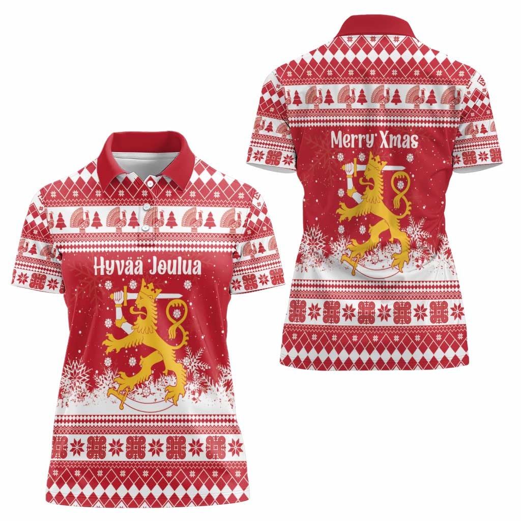 Finland Christmas Hannunvaakuna Women Polo Shirt Hyvaa Joulua Nordic Snow Lion Red Version - Wonder Print Shop