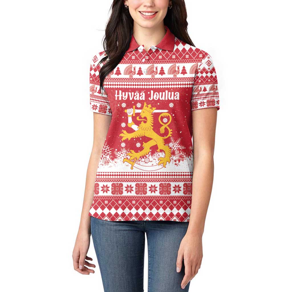 Finland Christmas Hannunvaakuna Women Polo Shirt Hyvaa Joulua Nordic Snow Lion Red Version - Wonder Print Shop