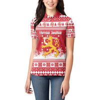 Finland Christmas Hannunvaakuna Women Polo Shirt Hyvaa Joulua Nordic Snow Lion Red Version - Wonder Print Shop