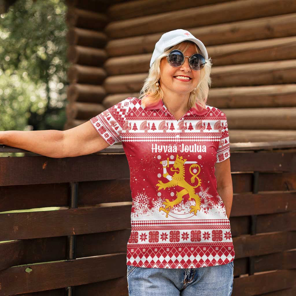 Finland Christmas Hannunvaakuna Women Polo Shirt Hyvaa Joulua Nordic Snow Lion Red Version - Wonder Print Shop
