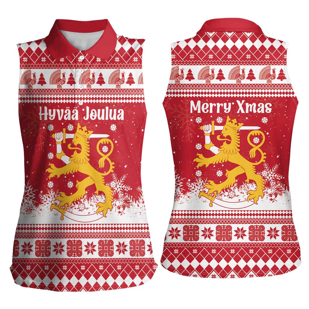 Finland Christmas Hannunvaakuna Women Sleeveless Polo Shirt Hyvaa Joulua Nordic Snow Lion Red Version - Wonder Print Shop
