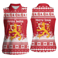 Finland Christmas Hannunvaakuna Women Sleeveless Polo Shirt Hyvaa Joulua Nordic Snow Lion Red Version - Wonder Print Shop
