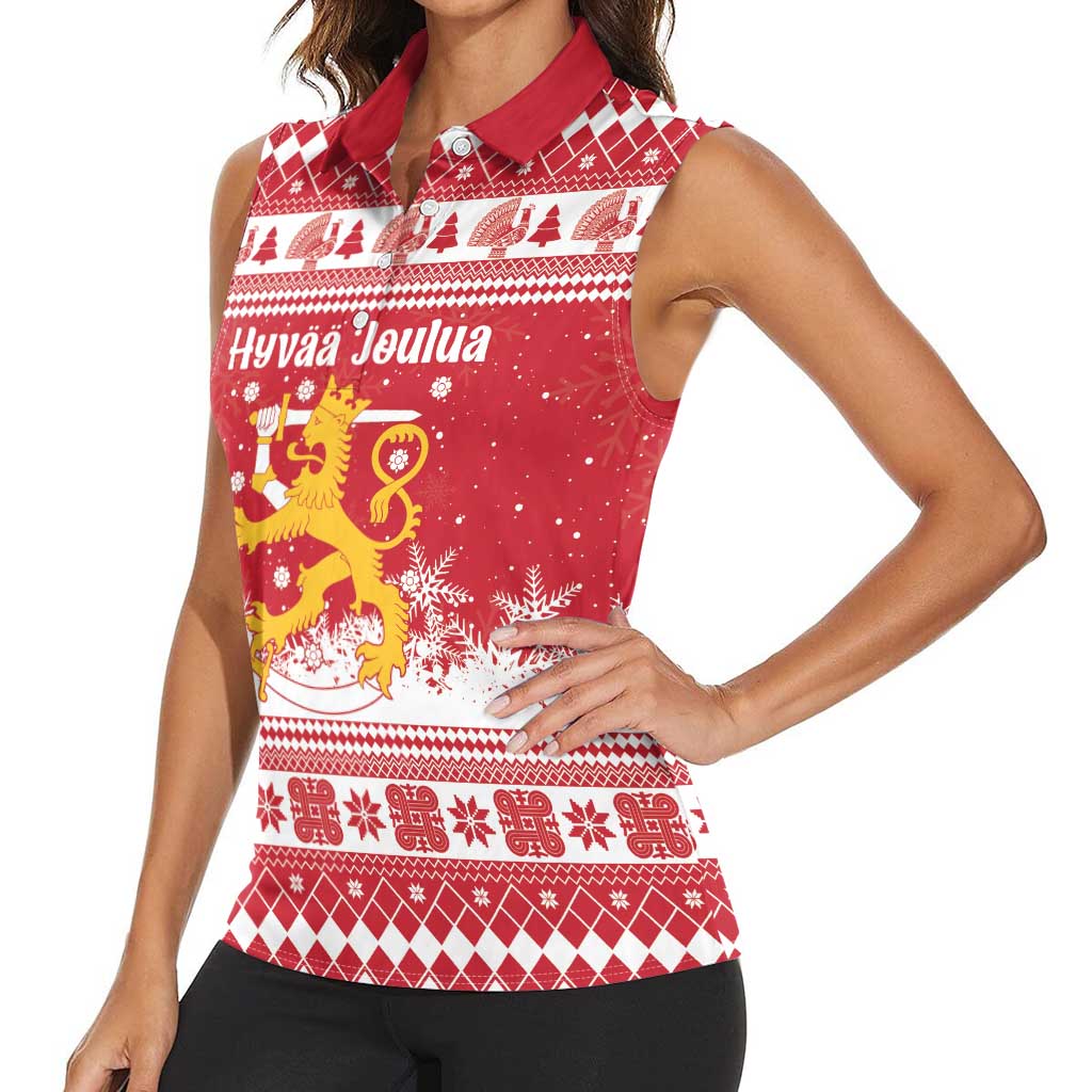 Finland Christmas Hannunvaakuna Women Sleeveless Polo Shirt Hyvaa Joulua Nordic Snow Lion Red Version - Wonder Print Shop
