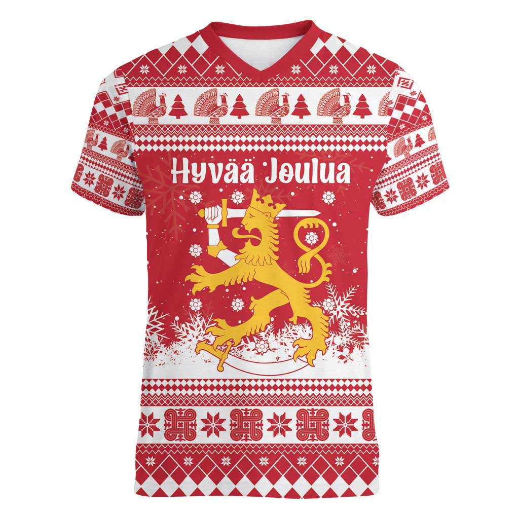Finland Christmas Hannunvaakuna Women V-Neck T-Shirt Hyvaa Joulua Nordic Snow Lion Red Version - Wonder Print Shop