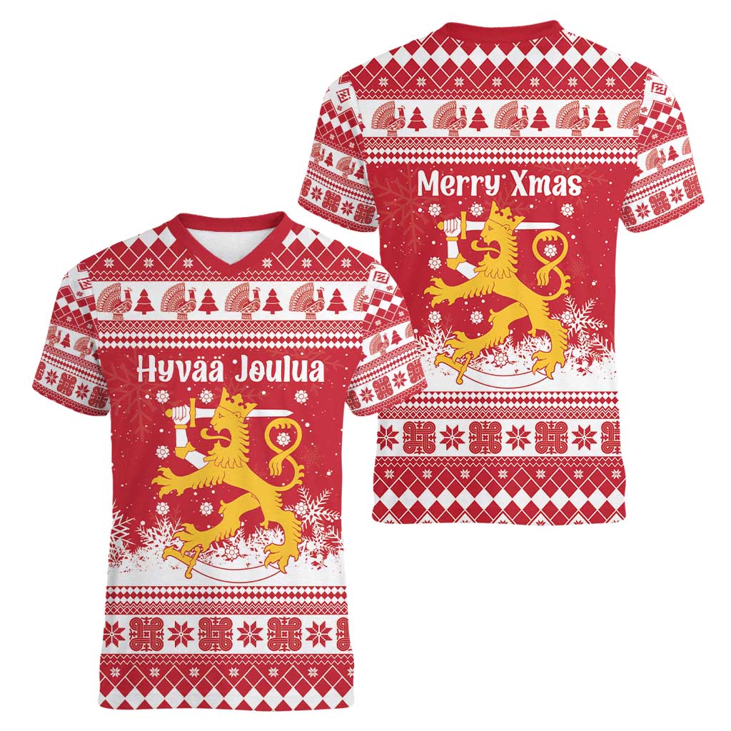 Finland Christmas Hannunvaakuna Women V-Neck T-Shirt Hyvaa Joulua Nordic Snow Lion Red Version - Wonder Print Shop