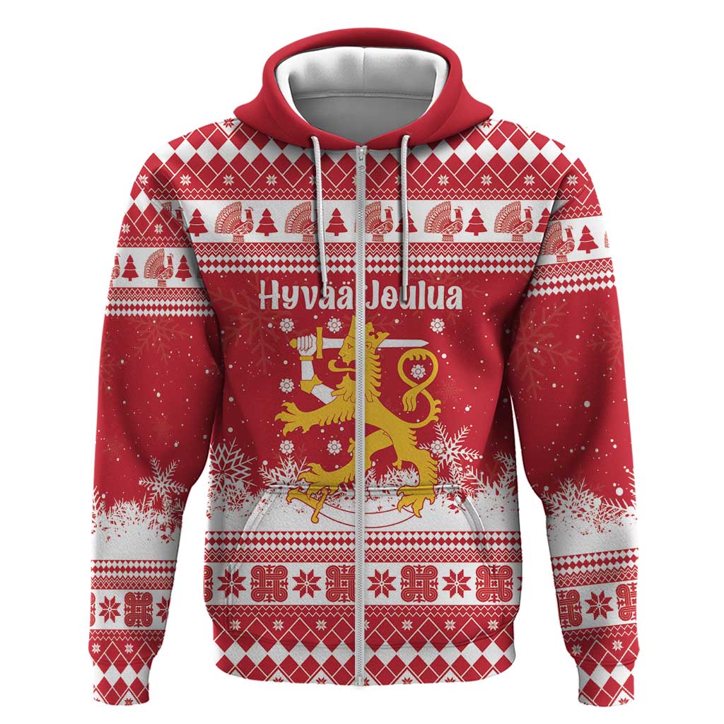 Finland Christmas Hannunvaakuna Zip Hoodie Hyvaa Joulua Nordic Snow Lion Red Version - Wonder Print Shop