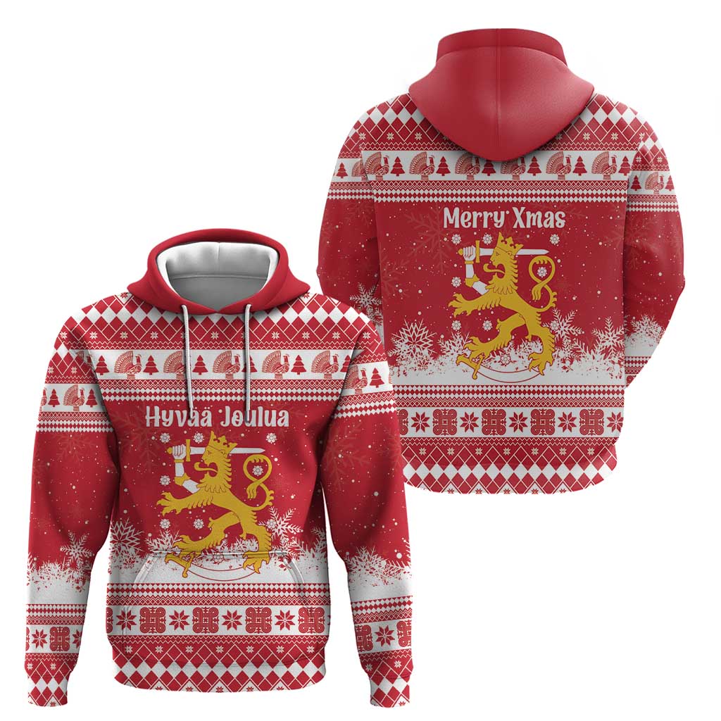Finland Christmas Hannunvaakuna Zip Hoodie Hyvaa Joulua Nordic Snow Lion Red Version - Wonder Print Shop