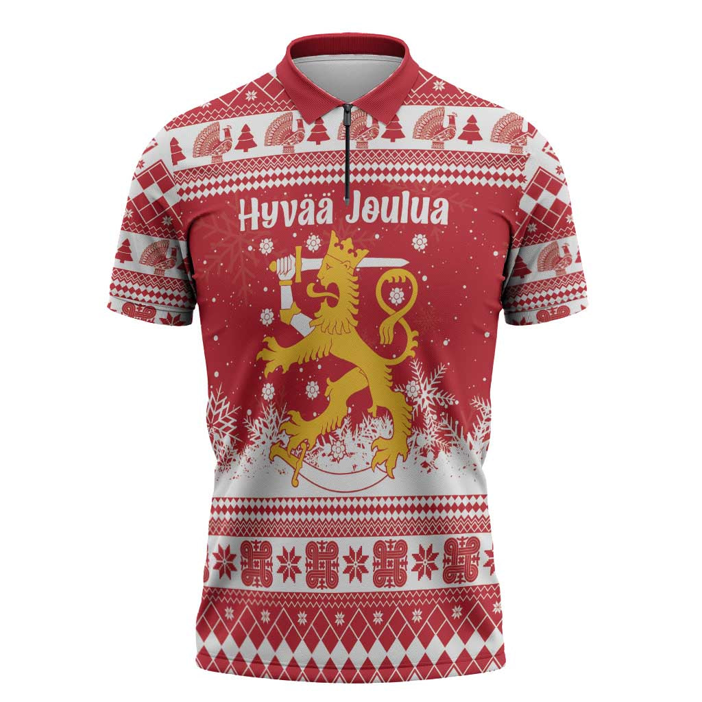 Finland Christmas Hannunvaakuna Zipper Polo Shirt Hyvaa Joulua Nordic Snow Lion Red Version - Wonder Print Shop