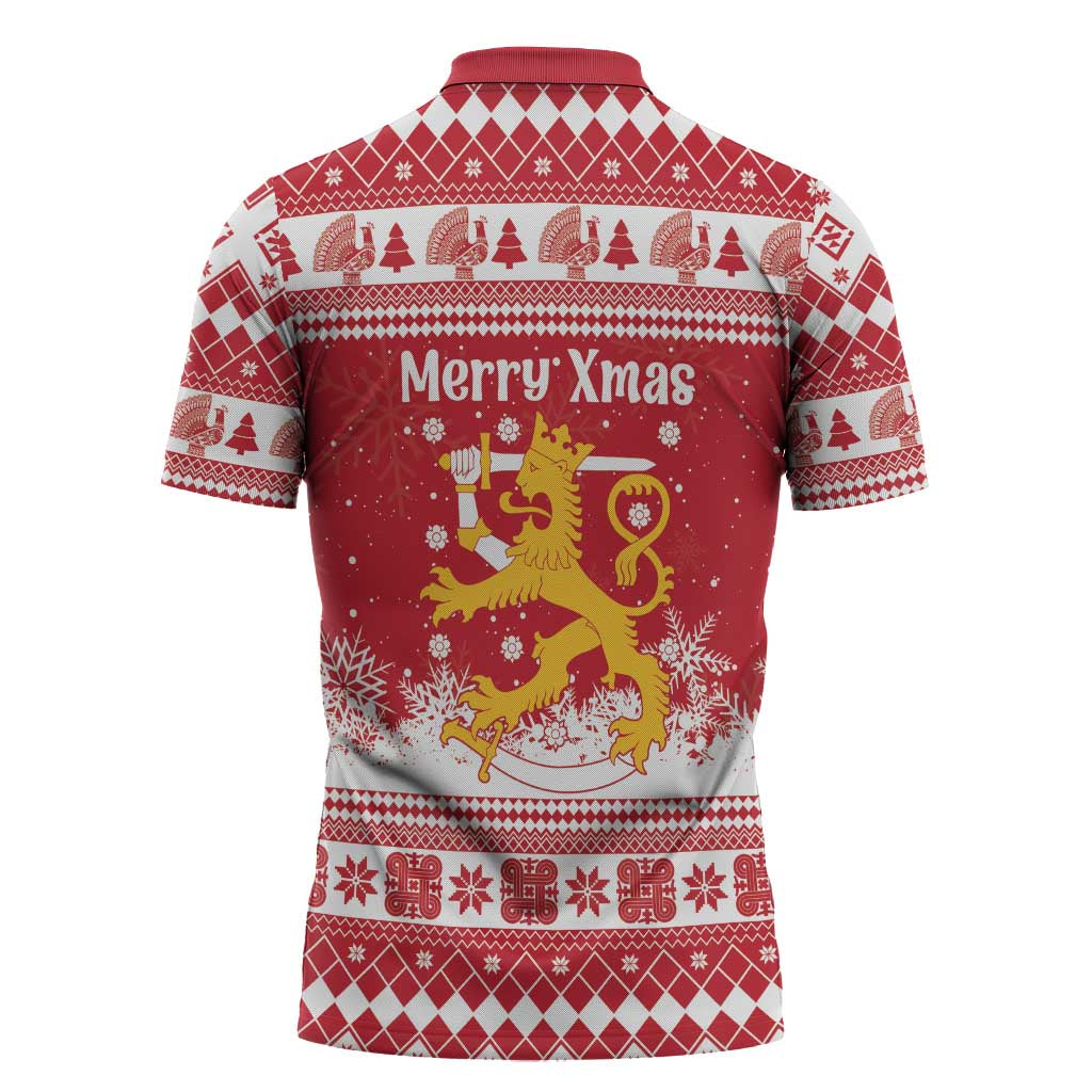 Finland Christmas Hannunvaakuna Zipper Polo Shirt Hyvaa Joulua Nordic Snow Lion Red Version - Wonder Print Shop