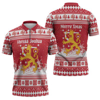 Finland Christmas Hannunvaakuna Zipper Polo Shirt Hyvaa Joulua Nordic Snow Lion Red Version - Wonder Print Shop