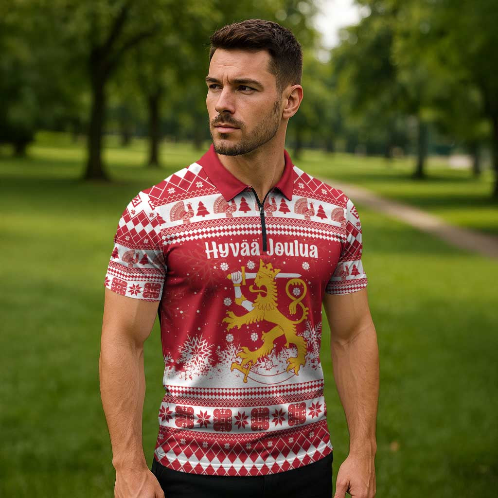 Finland Christmas Hannunvaakuna Zipper Polo Shirt Hyvaa Joulua Nordic Snow Lion Red Version - Wonder Print Shop