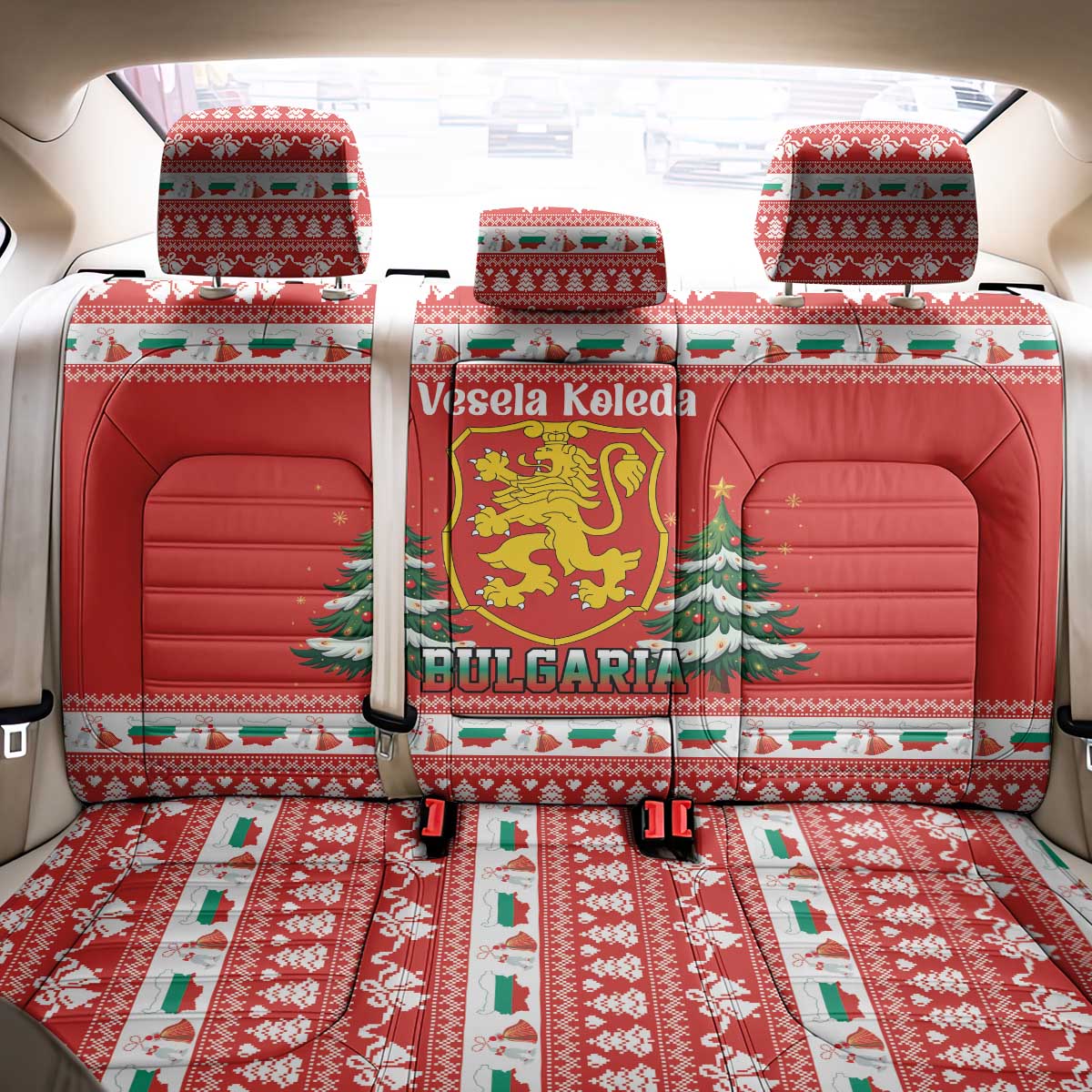 Bulgaria Christmas Back Car Seat Cover Merry Xmas Lion Crest - Wonder Print Shop