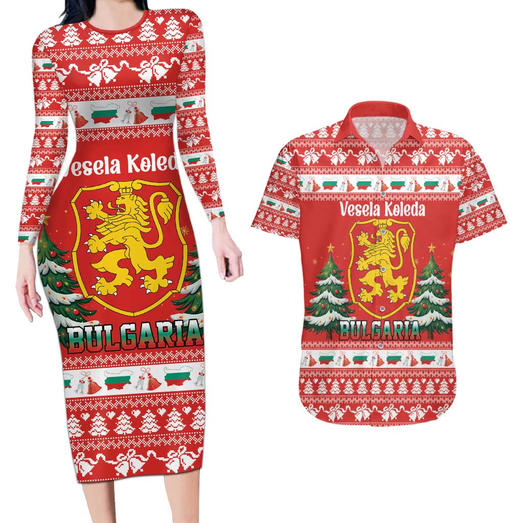 Bulgaria Christmas Couples Matching Long Sleeve Bodycon Dress and Hawaiian Shirt Merry Xmas Lion Crest - Wonder Print Shop