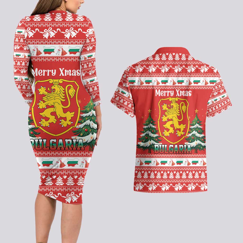 Bulgaria Christmas Couples Matching Long Sleeve Bodycon Dress and Hawaiian Shirt Merry Xmas Lion Crest - Wonder Print Shop