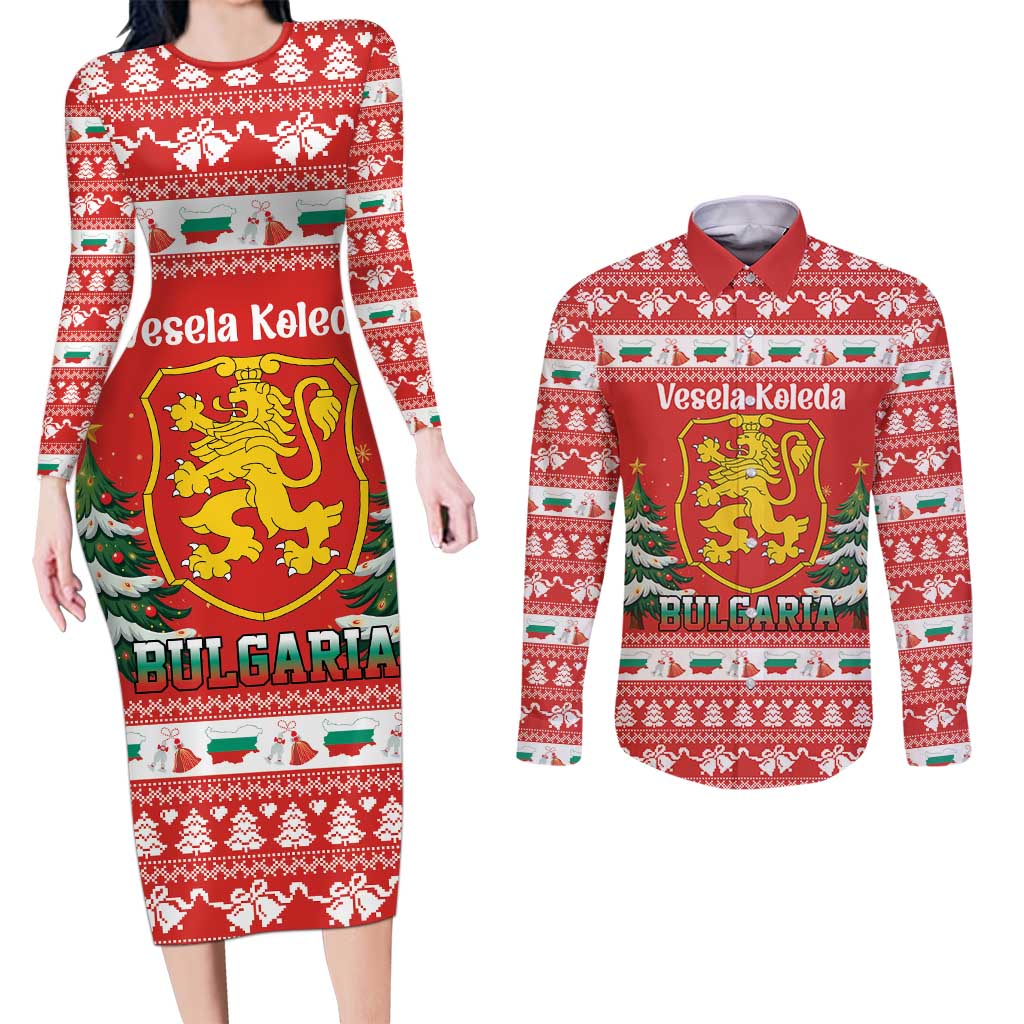 Bulgaria Christmas Couples Matching Long Sleeve Bodycon Dress and Long Sleeve Button Shirt Merry Xmas Lion Crest - Wonder Print Shop