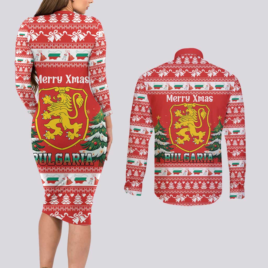 Bulgaria Christmas Couples Matching Long Sleeve Bodycon Dress and Long Sleeve Button Shirt Merry Xmas Lion Crest - Wonder Print Shop