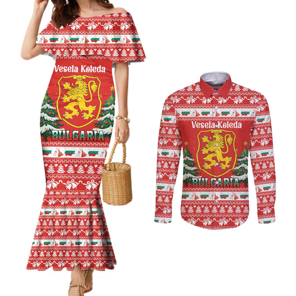 Bulgaria Christmas Couples Matching Mermaid Dress and Long Sleeve Button Shirt Merry Xmas Lion Crest - Wonder Print Shop