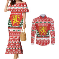 Bulgaria Christmas Couples Matching Mermaid Dress and Long Sleeve Button Shirt Merry Xmas Lion Crest - Wonder Print Shop