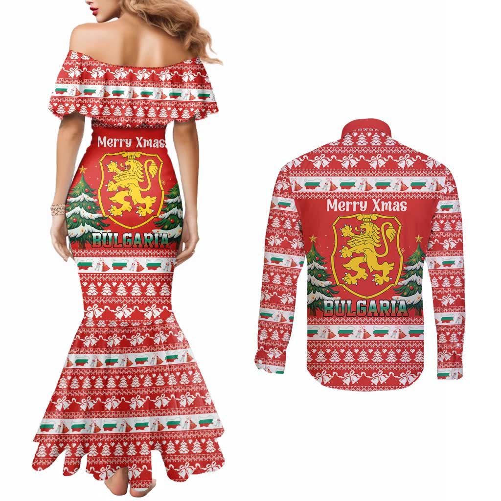 Bulgaria Christmas Couples Matching Mermaid Dress and Long Sleeve Button Shirt Merry Xmas Lion Crest - Wonder Print Shop