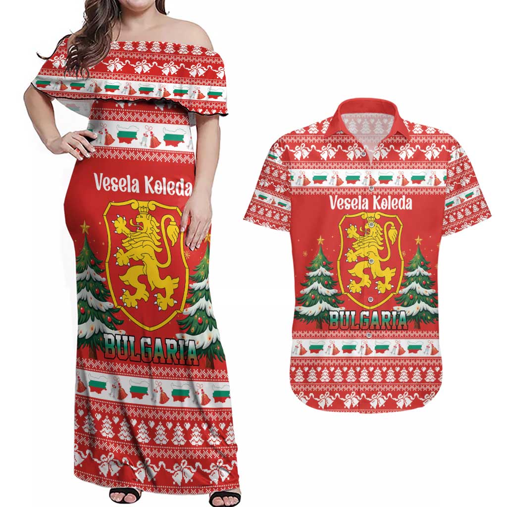Bulgaria Christmas Couples Matching Off Shoulder Maxi Dress and Hawaiian Shirt Merry Xmas Lion Crest - Wonder Print Shop