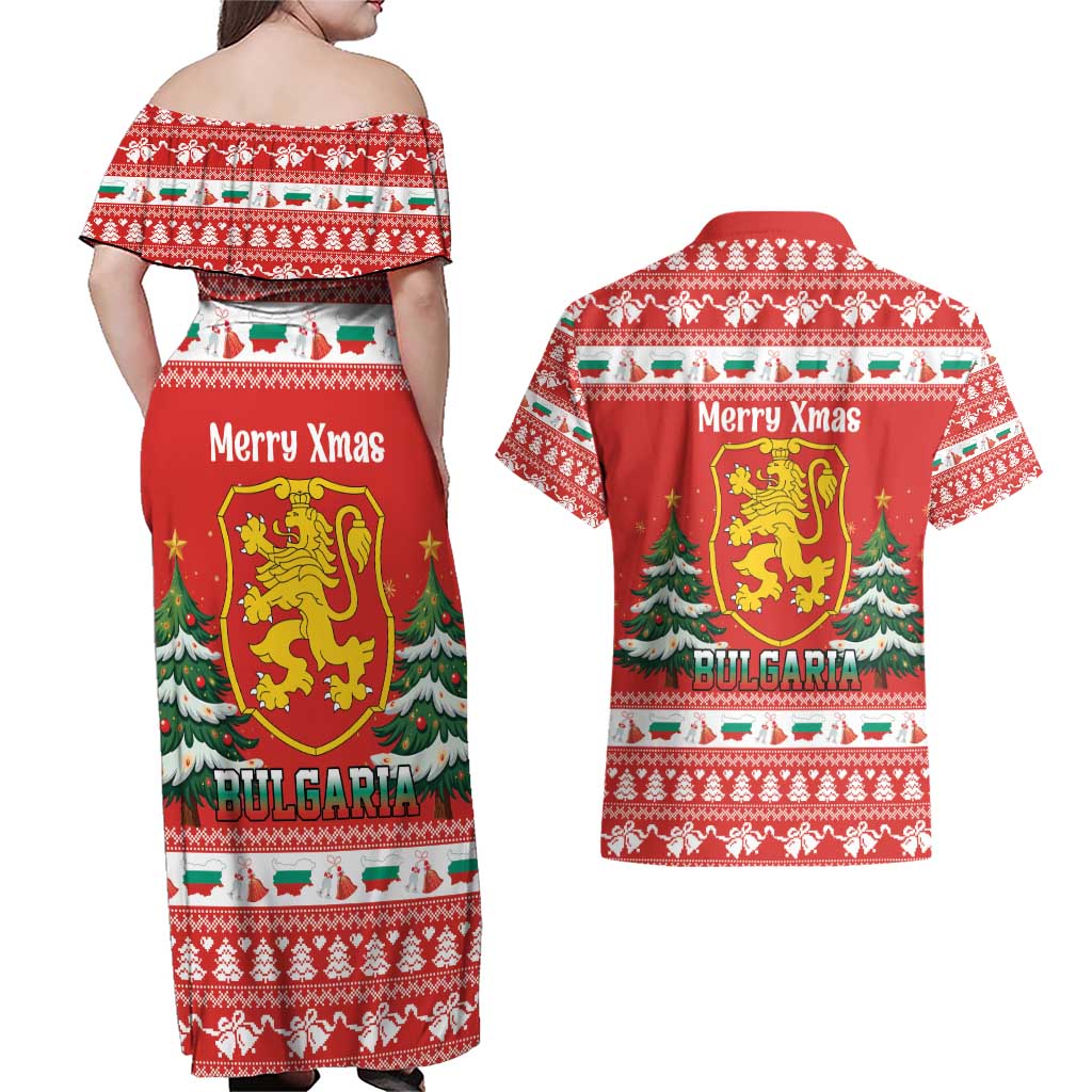 Bulgaria Christmas Couples Matching Off Shoulder Maxi Dress and Hawaiian Shirt Merry Xmas Lion Crest - Wonder Print Shop
