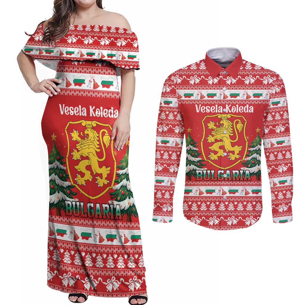 Bulgaria Christmas Couples Matching Off Shoulder Maxi Dress and Long Sleeve Button Shirt Merry Xmas Lion Crest - Wonder Print Shop