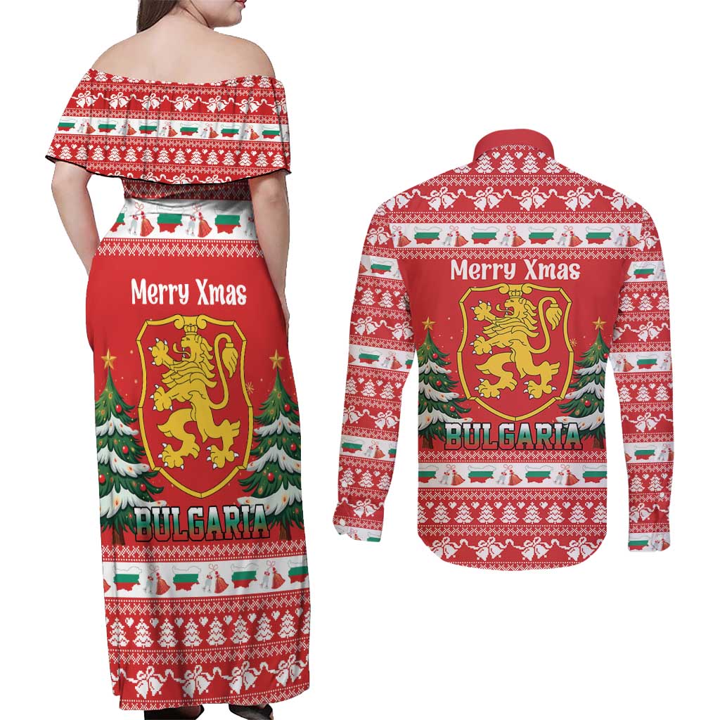 Bulgaria Christmas Couples Matching Off Shoulder Maxi Dress and Long Sleeve Button Shirt Merry Xmas Lion Crest - Wonder Print Shop