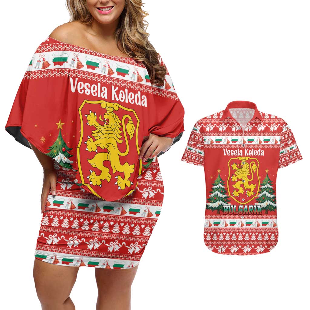 Bulgaria Christmas Couples Matching Off Shoulder Short Dress and Hawaiian Shirt Merry Xmas Lion Crest - Wonder Print Shop