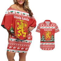 Bulgaria Christmas Couples Matching Off Shoulder Short Dress and Hawaiian Shirt Merry Xmas Lion Crest - Wonder Print Shop
