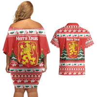 Bulgaria Christmas Couples Matching Off Shoulder Short Dress and Hawaiian Shirt Merry Xmas Lion Crest - Wonder Print Shop