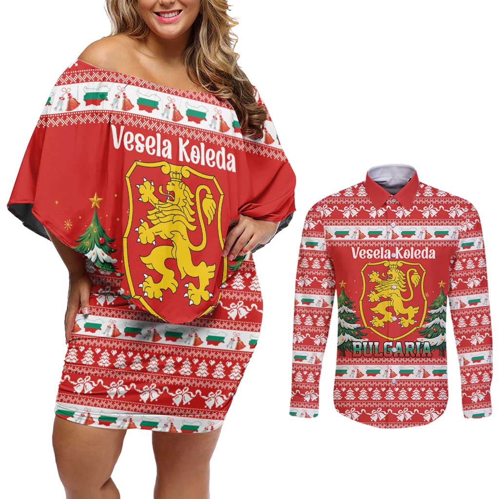 Bulgaria Christmas Couples Matching Off Shoulder Short Dress and Long Sleeve Button Shirt Merry Xmas Lion Crest - Wonder Print Shop