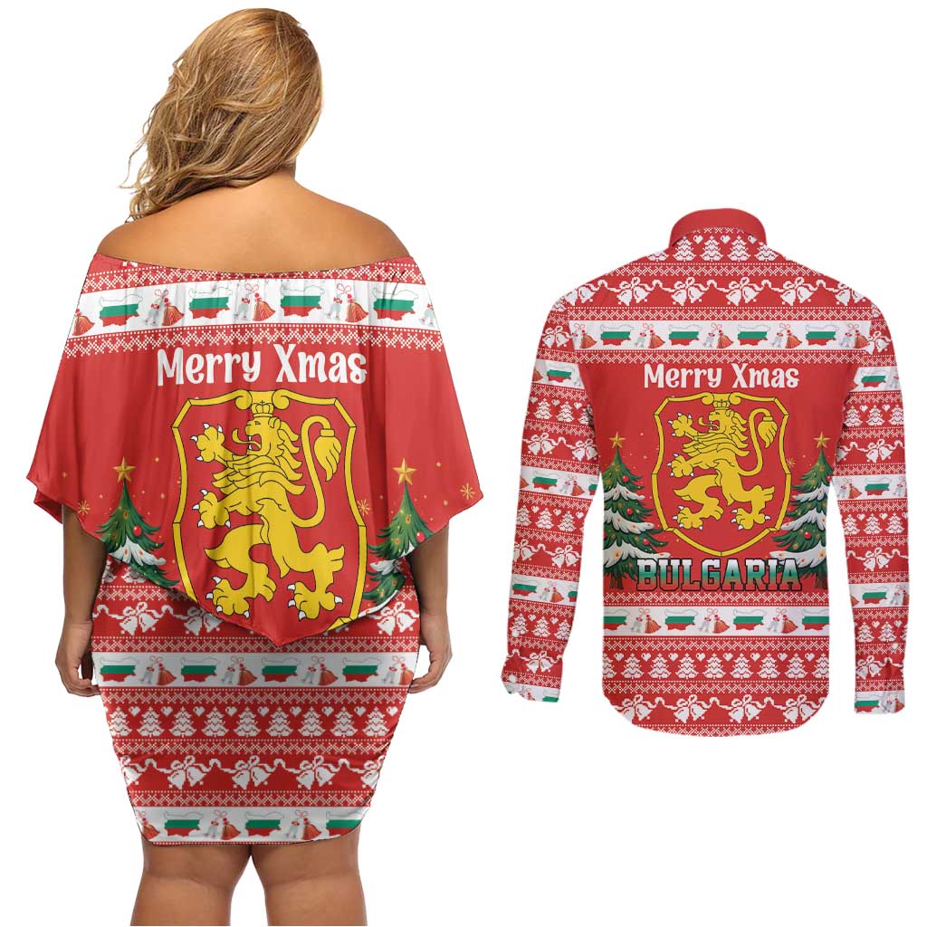 Bulgaria Christmas Couples Matching Off Shoulder Short Dress and Long Sleeve Button Shirt Merry Xmas Lion Crest - Wonder Print Shop