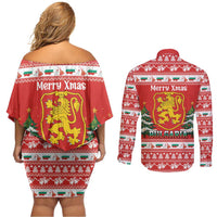Bulgaria Christmas Couples Matching Off Shoulder Short Dress and Long Sleeve Button Shirt Merry Xmas Lion Crest - Wonder Print Shop