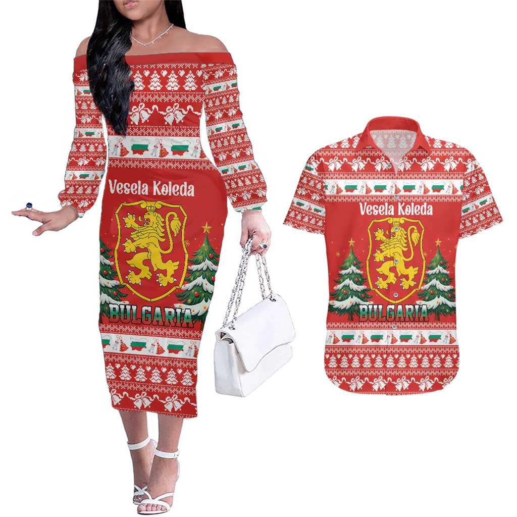 Bulgaria Christmas Couples Matching Off The Shoulder Long Sleeve Dress and Hawaiian Shirt Merry Xmas Lion Crest - Wonder Print Shop