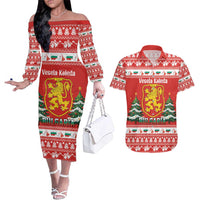 Bulgaria Christmas Couples Matching Off The Shoulder Long Sleeve Dress and Hawaiian Shirt Merry Xmas Lion Crest - Wonder Print Shop